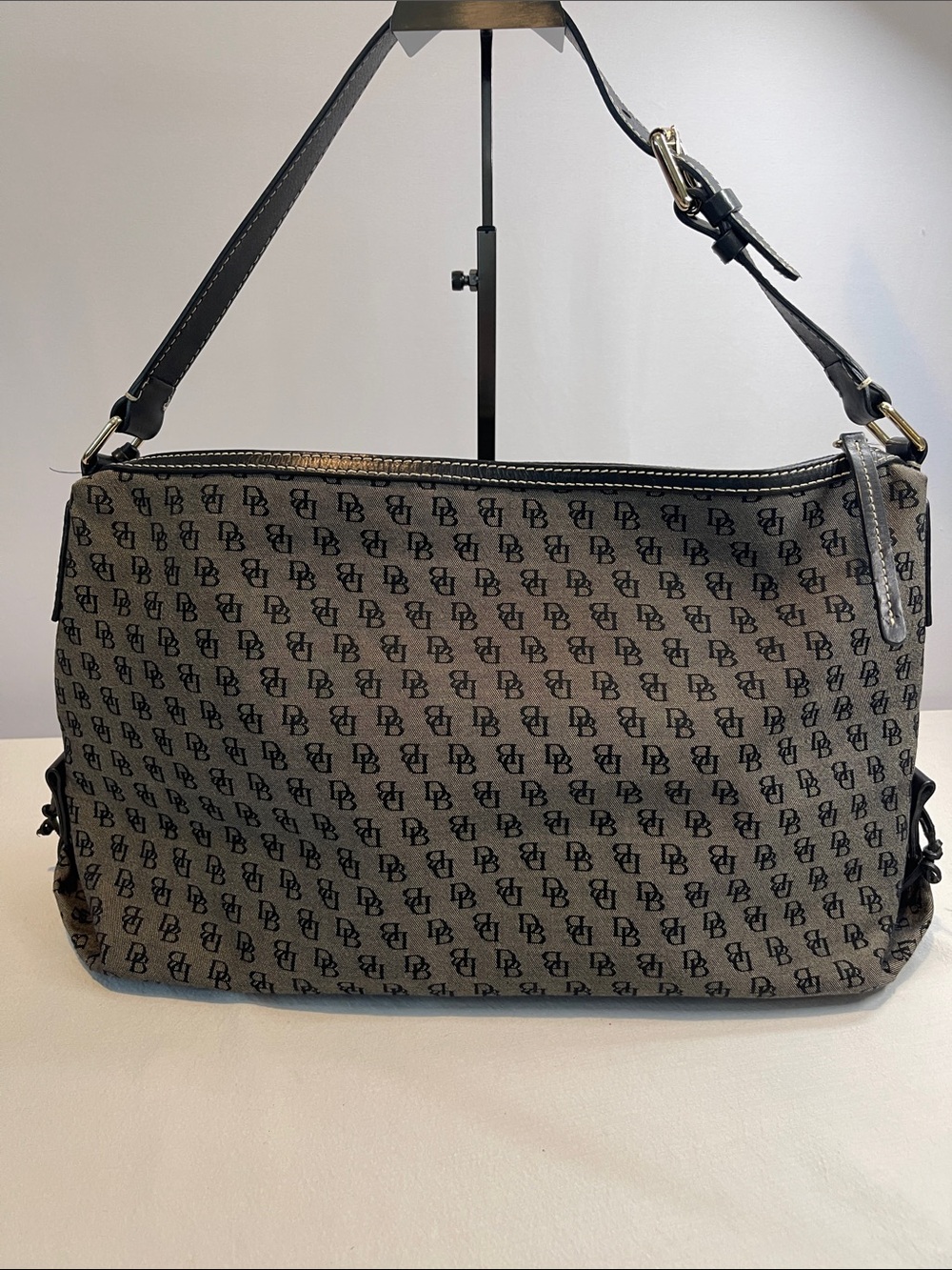 Vintage Dooney & Bourke DB Signature Monogram Canvas Zip Shoulder Bag Gray Black
